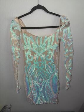 Lucy In The Sky Small Sequin Mesh Nude Sequin Dress Homecoming (AO29)